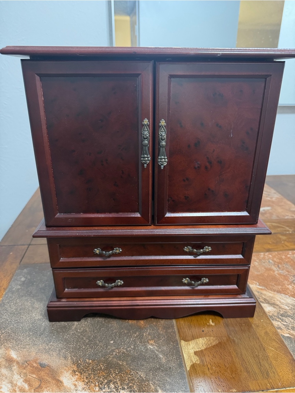 Wooden Jewelry Armoire Chest - Mahogany Finish